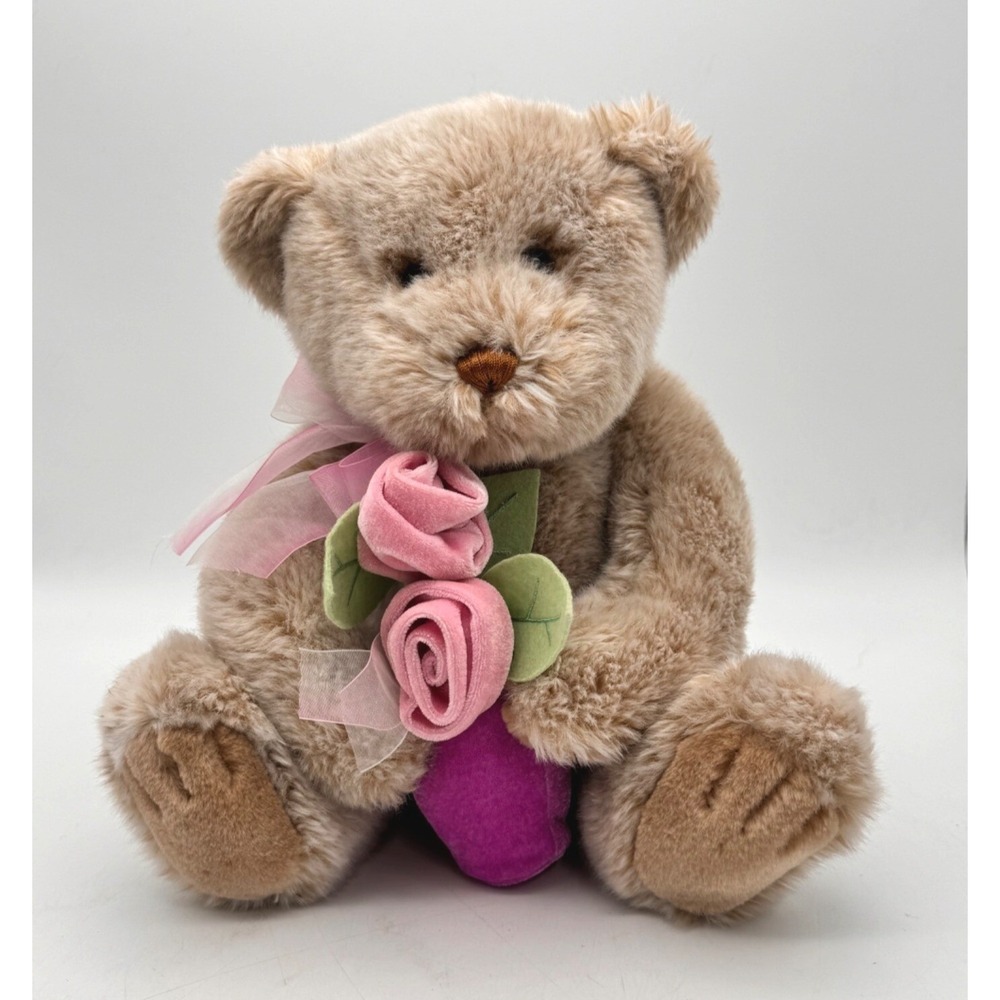 Gund Zales Holiday Bear 11"‎ Beige Plush w/ Pink Roses bouquet Stuffed Animal
